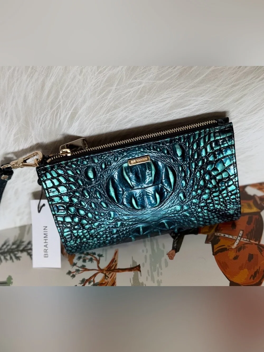 PERFECT EYE Brahmin DAISY Leather Wristlet Clutch BLUE PATINA assorted blue